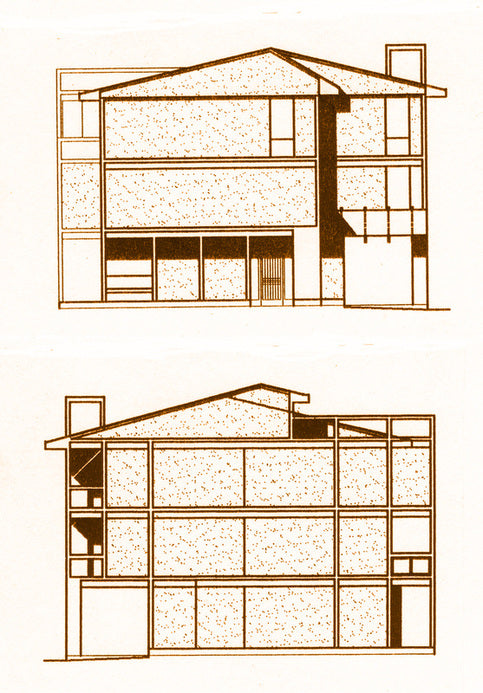 Architectural elevation drawings of a modern multi-story house, shown in two side-profile views on a plain white background.