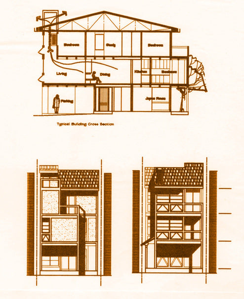 Architectural cross-section diagrams of a house on a light beige background, showing a typical building cross section and two additional floor/level diagrams in brown line art.