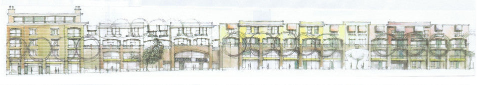 Colored architectural rendering of the Kerrisdale Center proposal, illustrating mixed-use residential buildings with retail shops, landscaped streetscape, and London Drugs.
