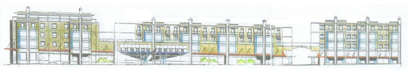Conceptual streetscape sketch of the Kerrisdale Center development showing a pedestrian-oriented mix of residential buildings, retail storefronts, trees, and neighborhood commercial spaces.