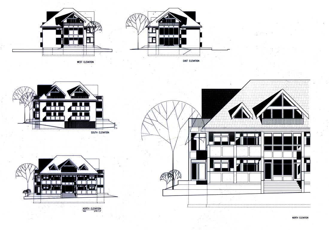 Architectural elevation drawings showing the north, south, east, and west views of Le Mansion Condominium in Victoria, British Columbia.