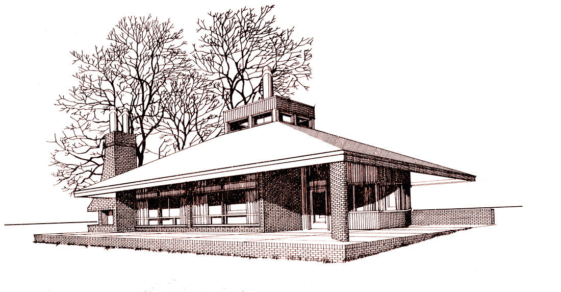 A black and white architectural line drawing of a single-story house with a low-pitched roof, brick walls, chimneys, and leafless trees behind it on a white background.