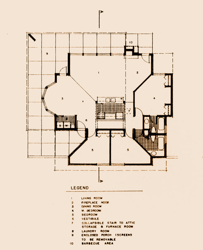 Vintage architectural floor plan diagram of a house on a beige background, with labeled rooms and a legend at the bottom.