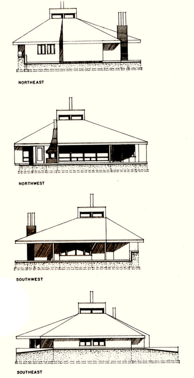 A black-and-white architectural line drawing showing four house elevations labeled Northeast, Northwest, Southwest, and Southeast on a plain light background.