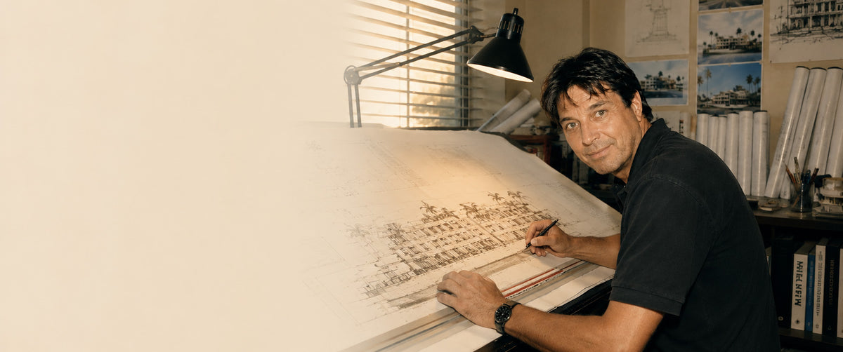 Photo of Architect & Artist Lex George working at his drafting table with blank cream space on the left for text.