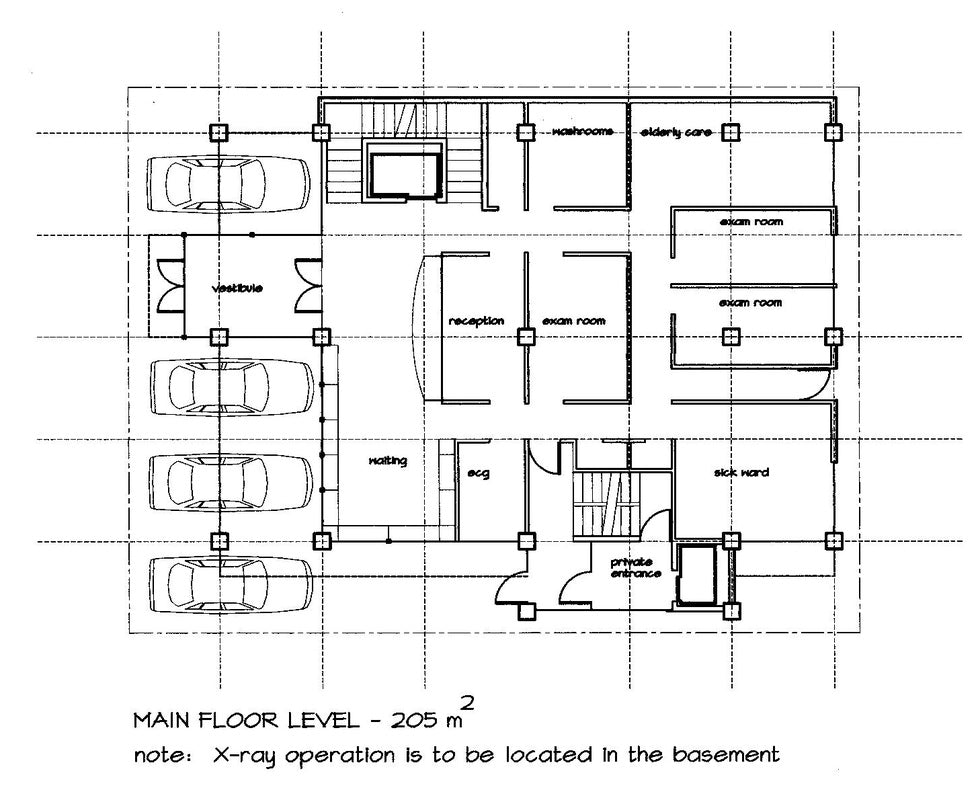 A black and white architectural floor plan diagram showing a main floor level layout with labeled rooms, parking spaces, and a note at the bottom reading 'MAIN FLOOR LEVEL - 205 m2'.