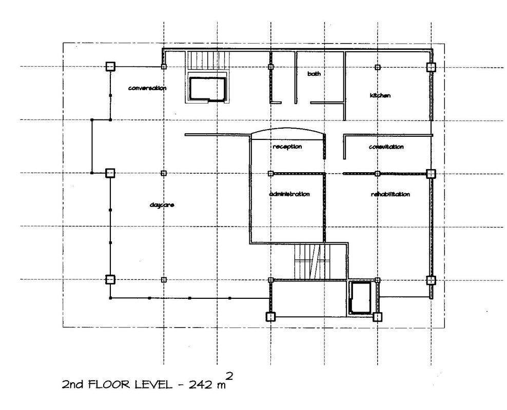 A black-and-white architectural floor plan labeled '2nd FLOOR LEVEL - 242 m2' with room labels including conversation, bath, kitchen, reception, cooffice, administration, and ribbitution on a white background.