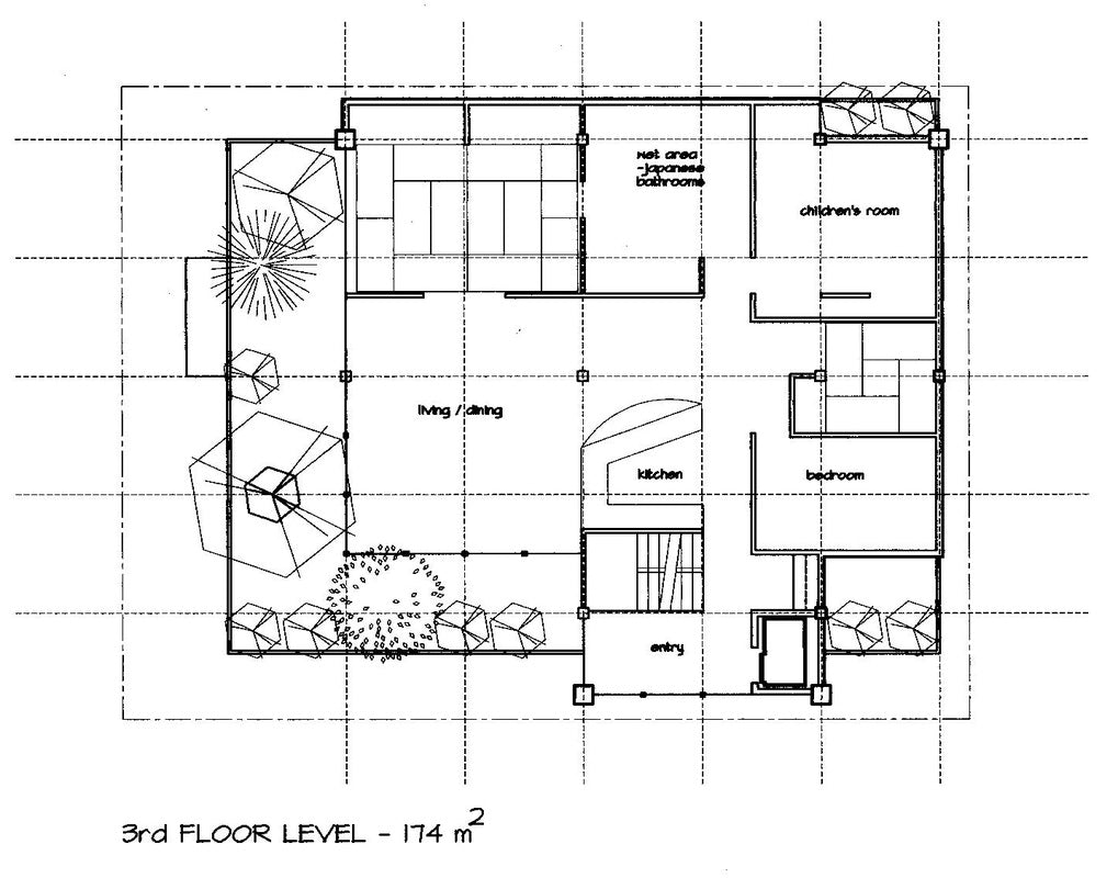 A black-and-white architectural floor plan showing the third floor level with labeled rooms including living/dining, kitchen, children's room, bedroom, entry, and outdoor landscaping areas.
