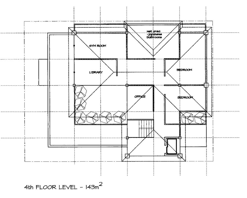 A black-and-white architectural floor plan diagram labeled '4th FLOOR LEVEL - 143m2', showing room layout with text including study, library, bedrooms, office, and a master bedroom bathroom suite.