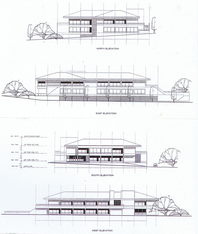 Architectural elevation drawings of a modern two-story house, showing north, east, south, and west elevations with line illustrations, windows, and landscaping on a white page.