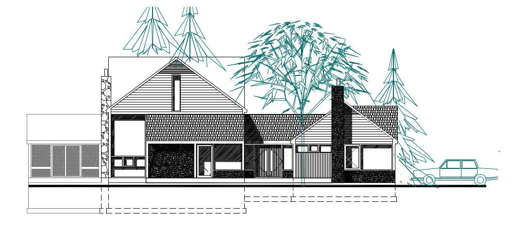 A black and white architectural house plan drawing with teal line accents, showing a two-story home, trees, and a car on a white background.