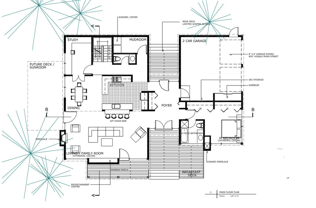 A black and white architectural floor plan showing the layout of rooms, including study, kitchen, dining, foyer, garage, bedrooms, bathrooms, and future deck and sunroom areas, with some blue line accents.