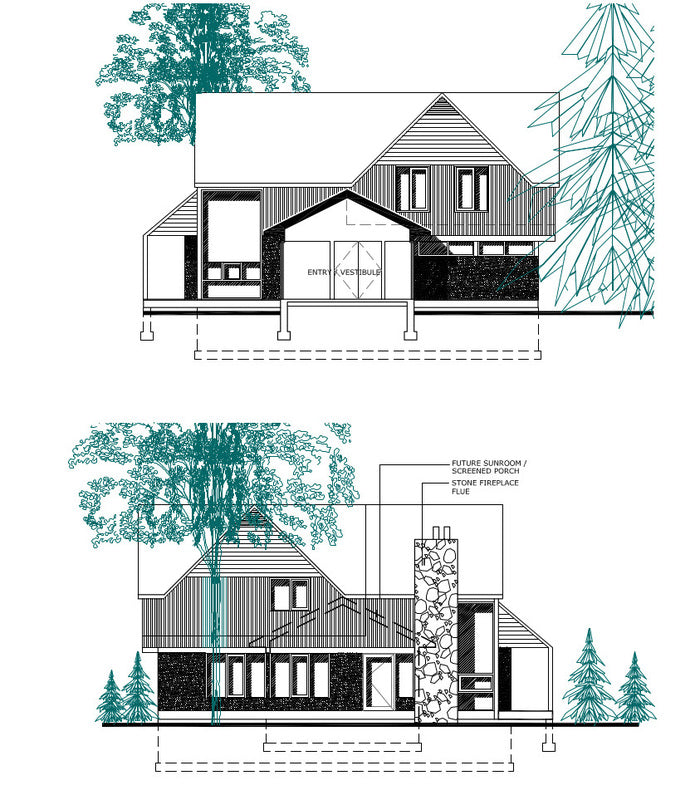 Architectural house plan drawings showing front and side elevations of a modern cabin-style home with trees around it, on a white background.