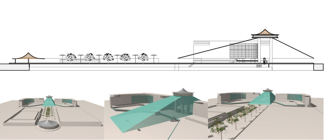 Architectural presentation board for the proposed Port Canaveral resort, featuring an elevation drawing and three conceptual 3D renderings illustrating the hotel's dramatic covered entrance, observation tower, landscaped arrival plaza, and modern resort architecture.