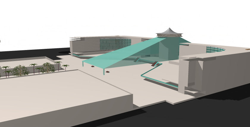 Conceptual 3D rendering of the proposed Port Canaveral resort development, featuring a modern hotel complex with a dramatic covered arrival plaza, curved building forms, tropical landscaping, and a central observation tower inspired by traditional Japanese architecture.