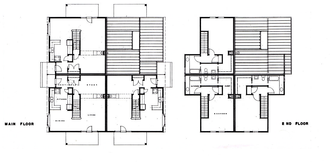 Architectural floor plans illustrating the townhouse-style condominium layouts.