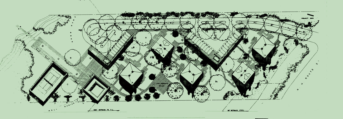 Master site plan showing building placement, parking, landscaping, circulation, and recreational amenities for the condominium community.