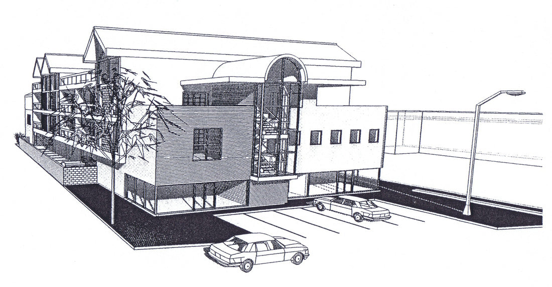 Perspective view highlighting the office entrance, glass stair tower, and residential wings of the mixed-use condominium proposal.
