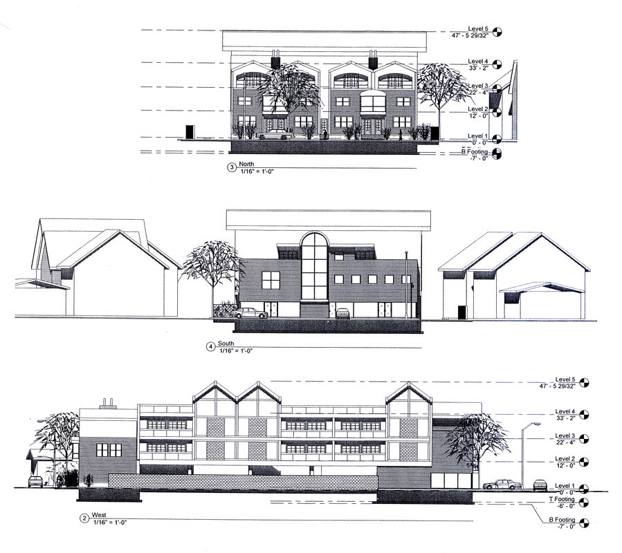 Building elevations showing the proposed architectural design, height, and relationship to adjacent neighborhood homes.