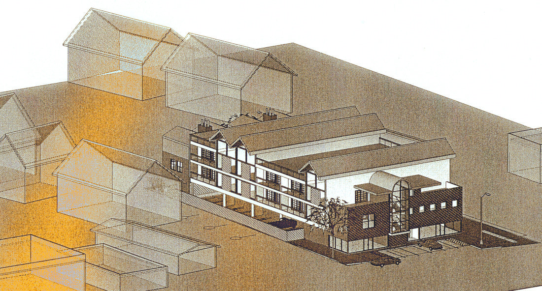 Aerial massing study illustrating the overall site layout and building configuration within the surrounding neighborhood.