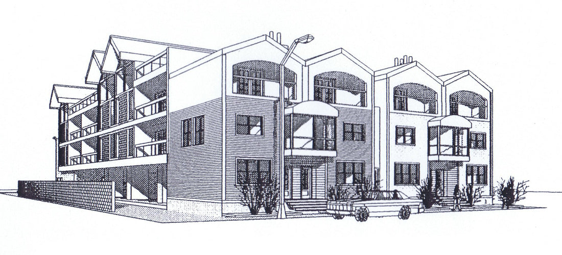 Street-level perspective of the proposed condominium development featuring articulated façades, balconies, and covered parking.