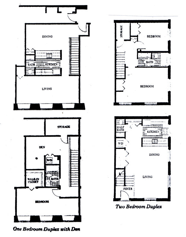 Floor plans showing one- and two-bedroom duplex condominium layouts.