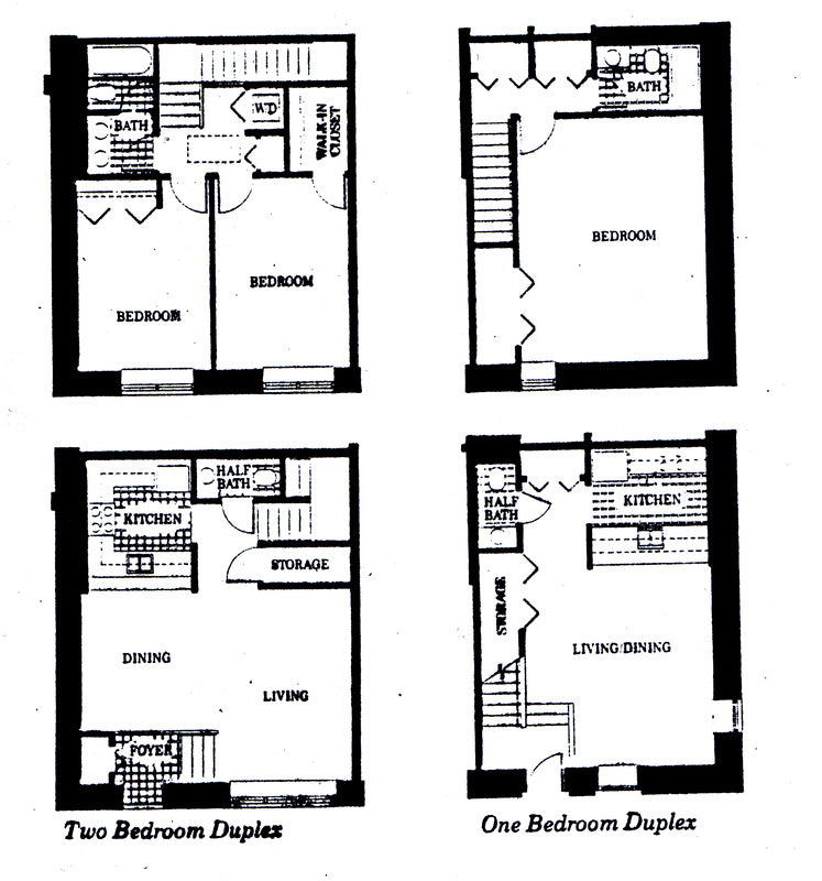 Residential floor plans for duplex condominium units within the renovated mill.