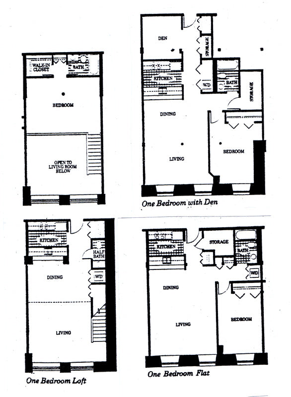 Residential floor plans featuring one-bedroom flats, lofts, and den configurations.