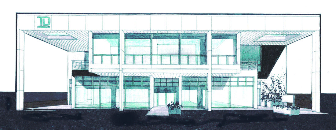 Conceptual rendering of the proposed Toronto Dominion Bank in Victoria, British Columbia, featuring a two-story contemporary banking facility with expansive glass façades, a covered entrance, and modern commercial architecture.