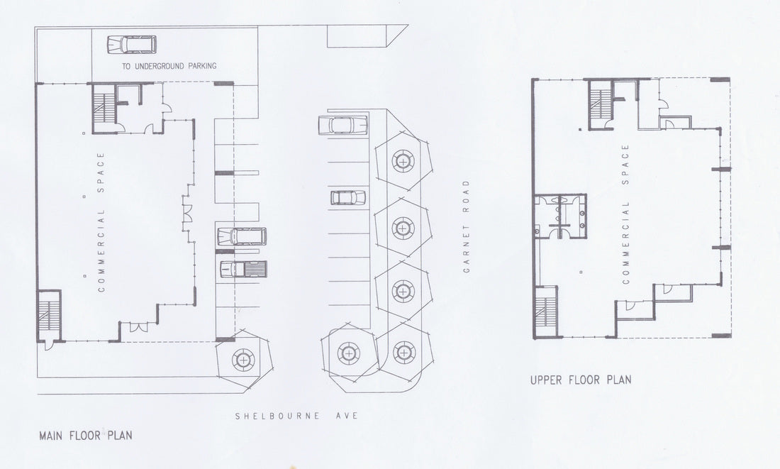 Main and upper floor plan drawings for the proposed Toronto Dominion Bank in Victoria, British Columbia, illustrating the banking hall, commercial office space, building core, and underground parking access.