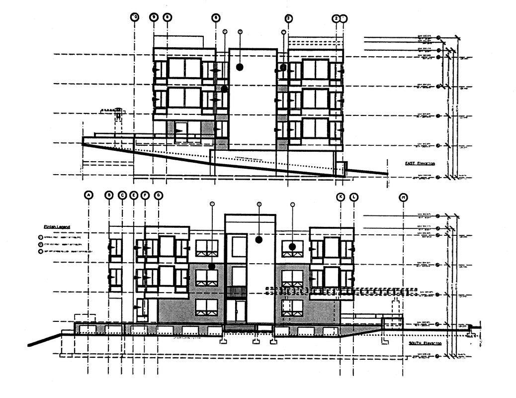 East and south building elevations highlighting the project's relationship to the sloping site.