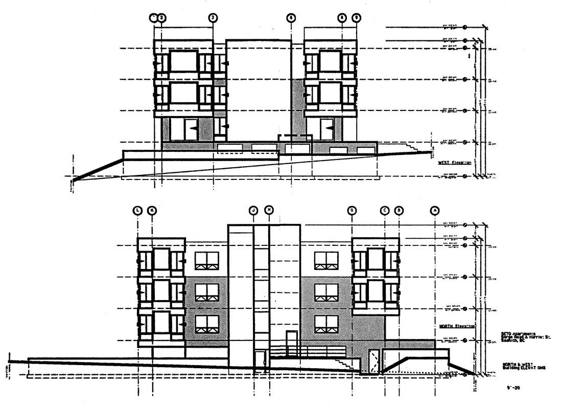 North, west, and combined elevation drawings showing the complete exterior design and building proportions.