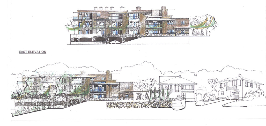 Architectural elevation study illustrating the stepped massing and terraced design of the proposed 21-unit condominium development.