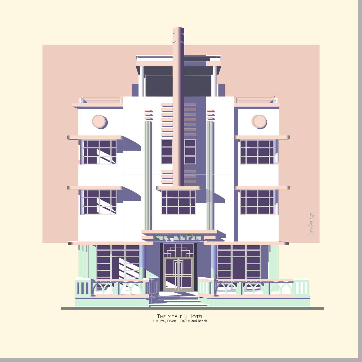 Architectural illustration of the Marlin Hotel in Miami Beach, showcasing its striking Art Deco façade with bold vertical ornamentation, geometric details, and iconic 1939 design. Artwork by Lex George.