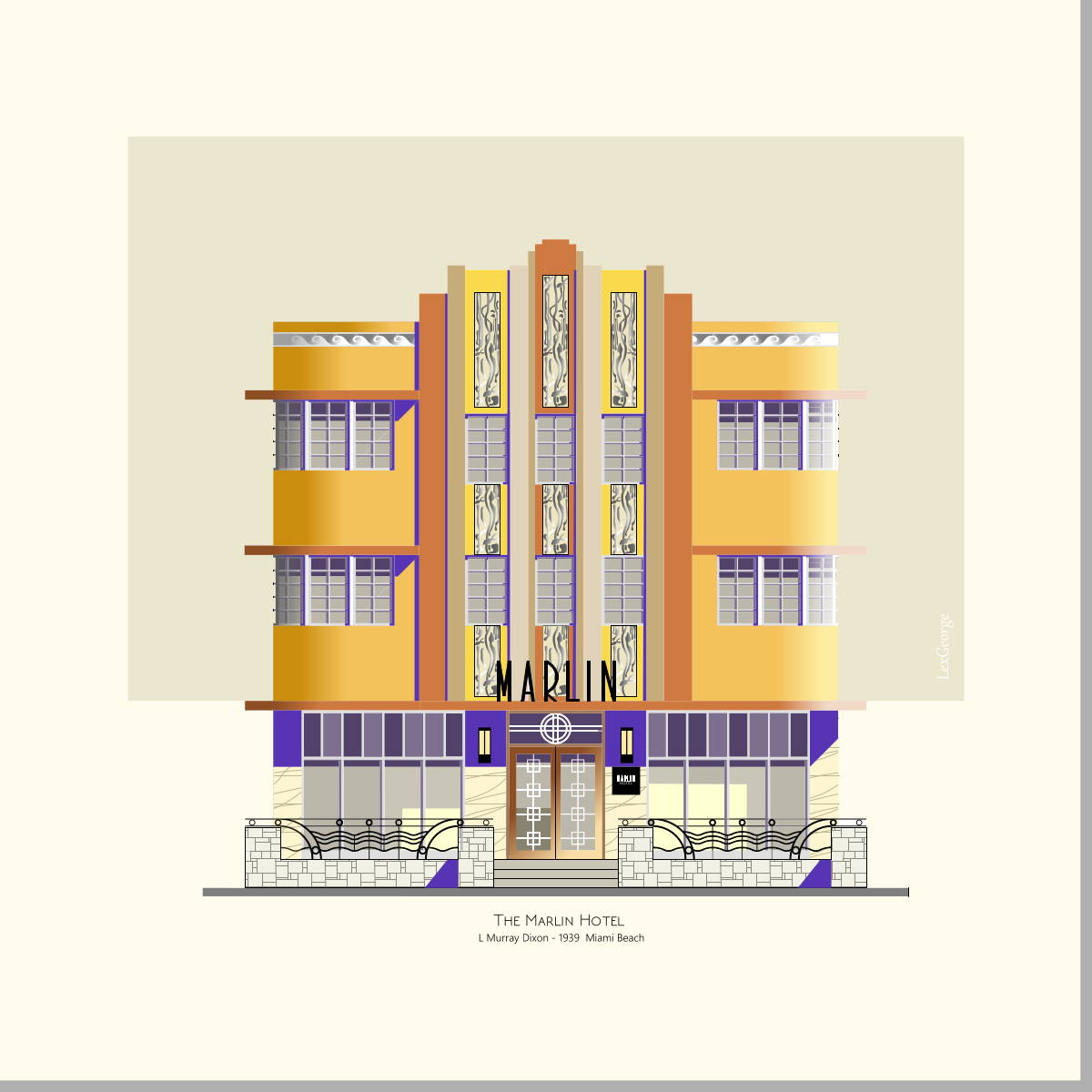 Digital architectural illustration of the Marlin Hotel in Miami Beach, showcasing its Art Deco façade with warm gold, cream, and purple accents. Artwork by Lex George.