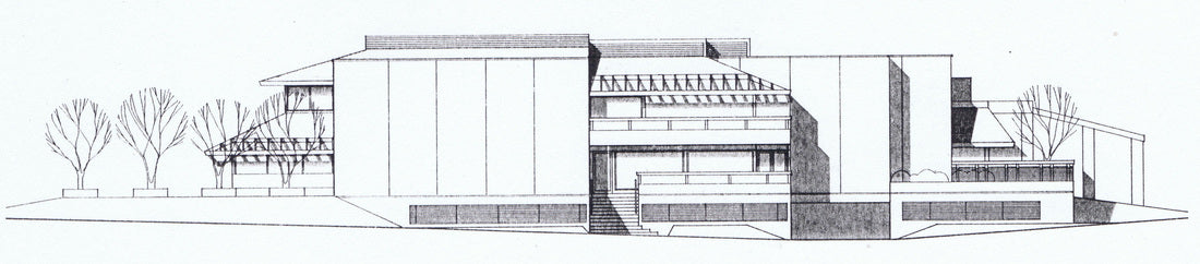 A black and white architectural line drawing showing a modern multi-level building facade with trees on both sides.