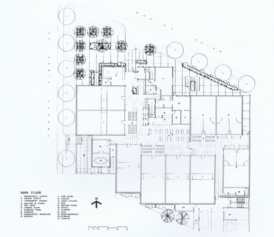 A black-and-white architectural floor plan drawing showing a main floor layout with rooms, circulation paths, landscaping circles, and a legend labeled 'MAIN FLOOR' in the lower left.