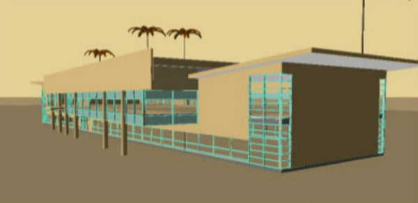 A 3D architectural rendering of a modern single-story house with a flat roof, beige walls, and a teal wireframe grid overlay, set against a simple beige and brown background with palm trees.