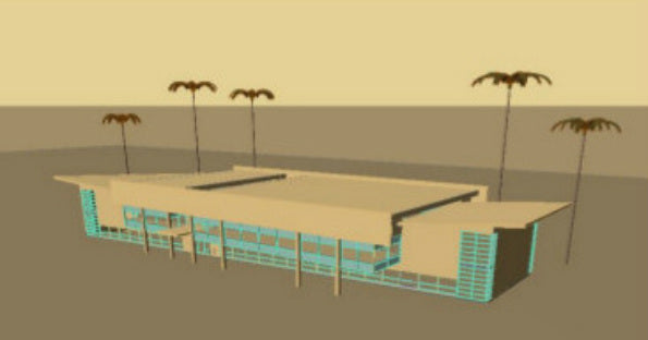 3D conceptual rendering of the proposed Waters Edge Office Building in Viera, Florida, showing an elevated aerial perspective of the contemporary two-story office design with extensive glazing, flat rooflines, and surrounding palm trees.