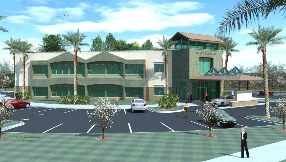 Architectural rendering of the proposed GrayRobinson office building in Melbourne, Florida, showing the two-story office wings, three-story entrance tower, covered porte-cochère, parking area, and tropical landscaping.