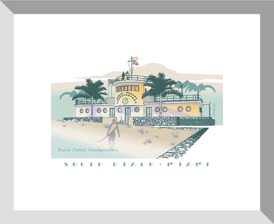 A framed art print featuring an illustration of a South Beach & Pizza restaurant with an Art Deco style facade, set against a white background.
