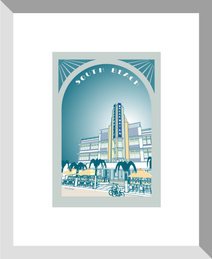 Digital architectural illustration of the Breakwater Hotel in Miami Beach, Florida, highlighting its iconic Art Deco façade, vertical neon-style sign, palm trees, outdoor café seating, and cool blue pastel palette. Artwork by Lex George.