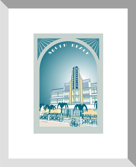 Digital architectural illustration of the Breakwater Hotel in Miami Beach, Florida, highlighting its iconic Art Deco façade, vertical neon-style sign, palm trees, outdoor café seating, and cool blue pastel palette. Artwork by Lex George.