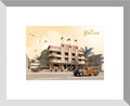 Digital architectural illustration of the Carlyle Hotel (The Birdcage) in Miami Beach, Florida, featuring its iconic Art Deco façade, vintage automobile, palm trees, and warm pastel palette. Artwork by Lex George.