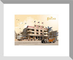 Digital architectural illustration of the Carlyle Hotel (The Birdcage) in Miami Beach, Florida, featuring its iconic Art Deco façade, vintage automobile, palm trees, and warm pastel palette. Artwork by Lex George.