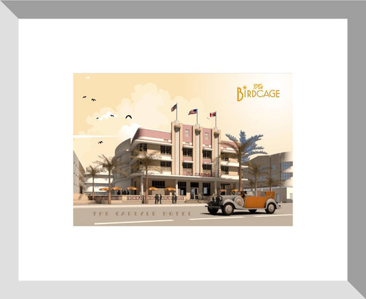 Digital architectural illustration of the Carlyle Hotel (The Birdcage) in Miami Beach, Florida, featuring its iconic Art Deco façade, vintage automobile, palm trees, and warm pastel palette. Artwork by Lex George.