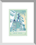 Digital architectural illustration of the Congress Hotel in Miami Beach, Florida, featuring its iconic Art Deco façade, vertical neon sign, curved entrance canopy, decorative metalwork, and tropical palm trees. Artwork by Lex George.