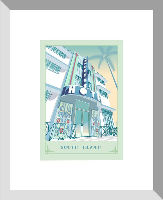 Digital architectural illustration of the Congress Hotel in Miami Beach, Florida, featuring its iconic Art Deco façade, vertical neon sign, curved entrance canopy, decorative metalwork, and tropical palm trees. Artwork by Lex George.