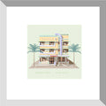 Digital architectural illustration of the Crescent Hotel in Miami Beach, Florida, showcasing its iconic Art Deco façade, rounded corner tower, horizontal banding, palm trees, and pastel color palette. Artwork by Lex George.