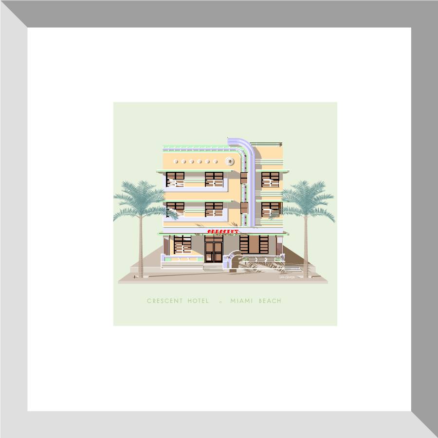Digital architectural illustration of the Crescent Hotel in Miami Beach, Florida, showcasing its iconic Art Deco façade, rounded corner tower, horizontal banding, palm trees, and pastel color palette. Artwork by Lex George.